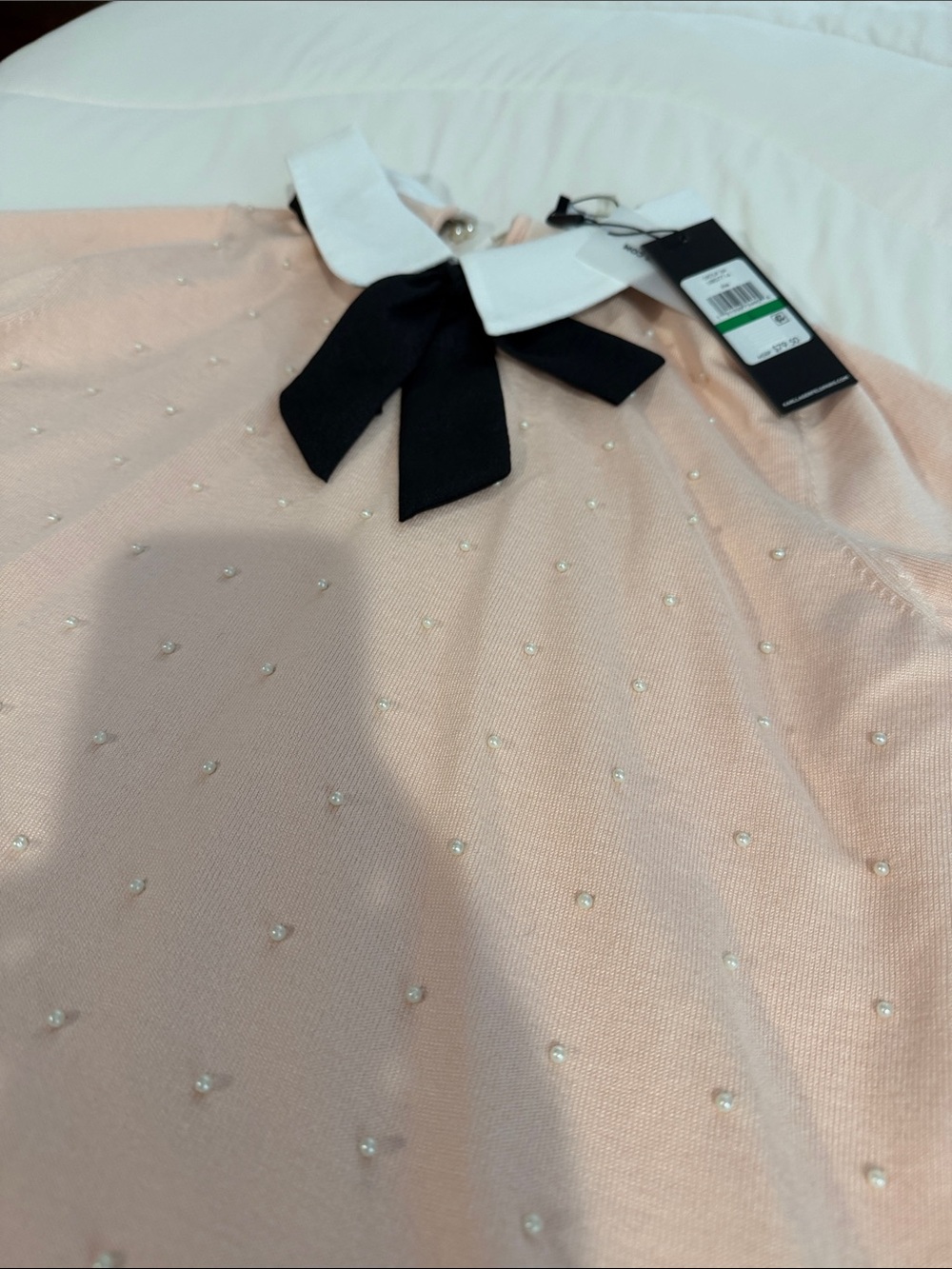 Karl Lagerfeld Pink Pearl-Embellished Knit Top with Contrast Collar - Picture 2 of 2